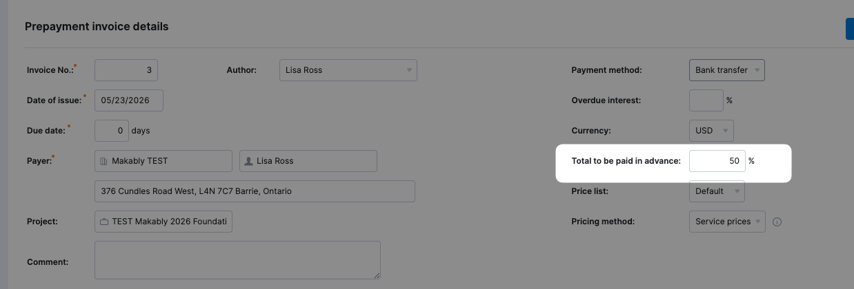 Prepayment form Total to be paid in advance field